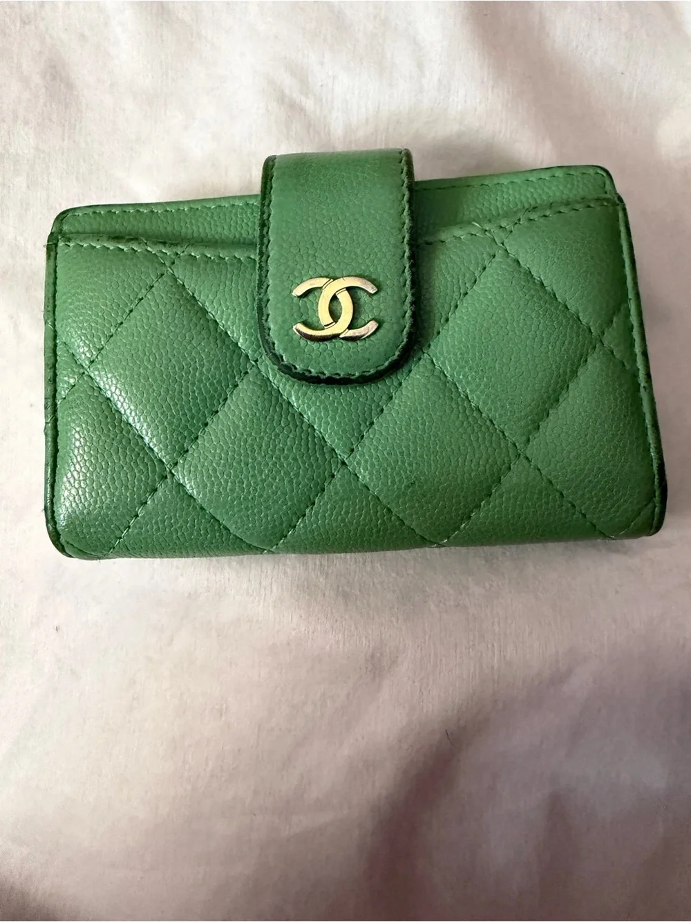 CHANEL Green Caviar Leather Compact Quilted Wallet, Gold CC Logo-FULL INCLUSION!